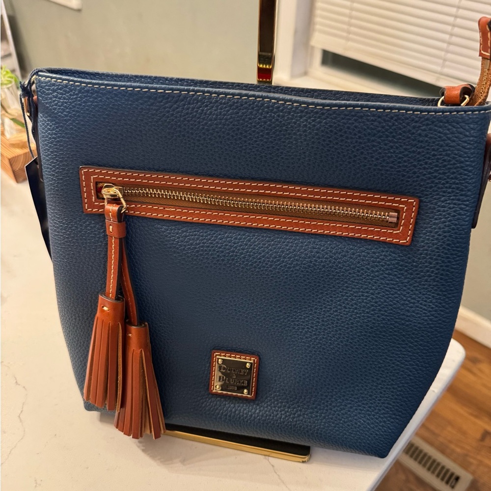 Dooney & Bourke Blue and Brown Crossbody Bag with Tassel Accents